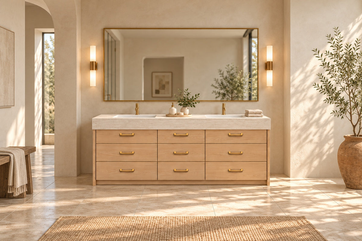 AI-styled bathroom concept featuring Roccia Dura's Liora double-sink vanity with nine drawers, brass-colored pulls, and a porcelain top.