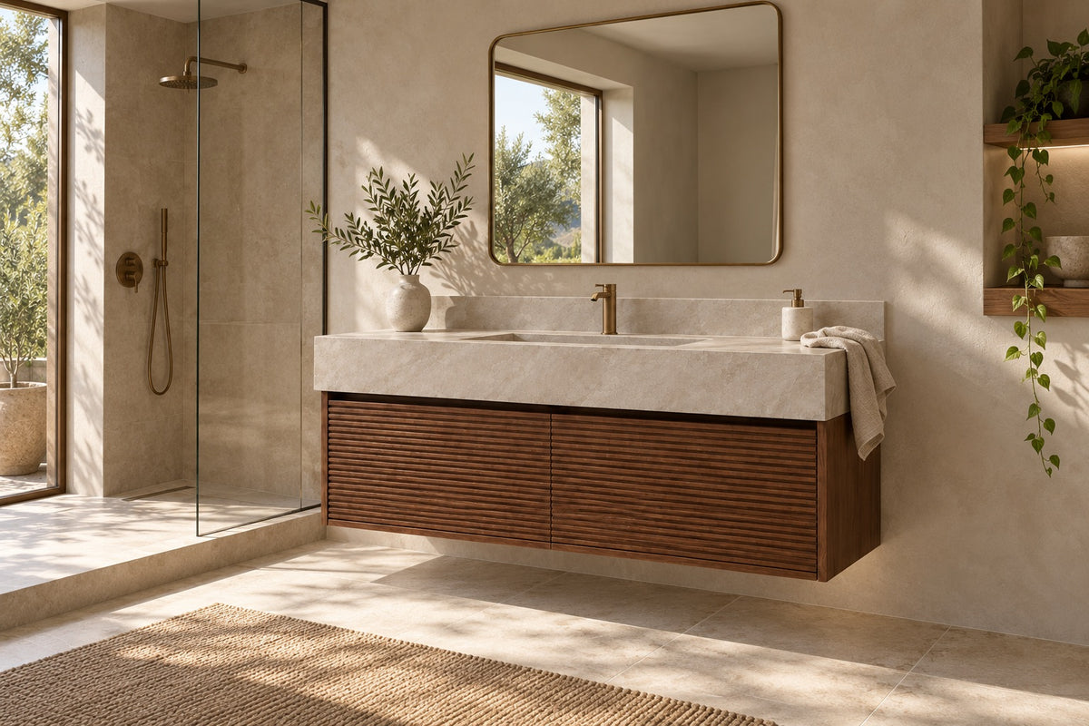 AI-styled bathroom concept featuring Roccia Dura's OBO floating vanity with horizontal fluted wood fronts and a porcelain top.